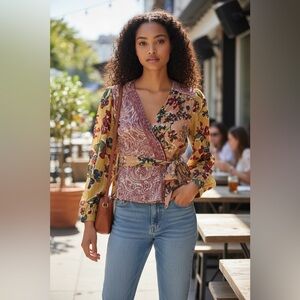 Anthropologie Meadow Rue Floral Patchwork Wrap Blouse - Yellow, Pink, Black